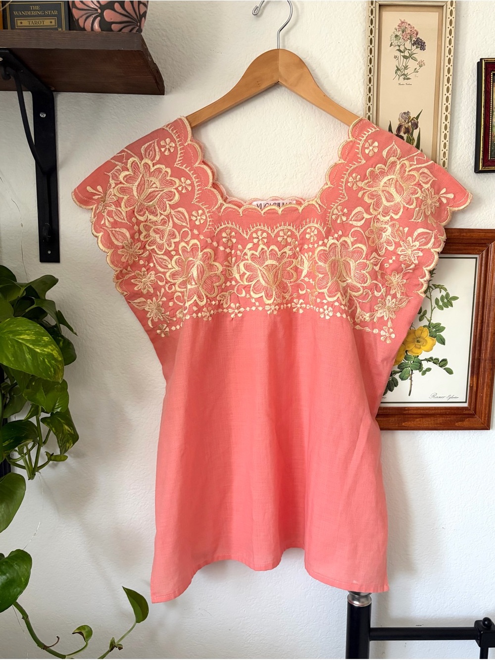 Hand-Embroidered Coral Women's Top w Scalloped Neckline - Made in Yucatán